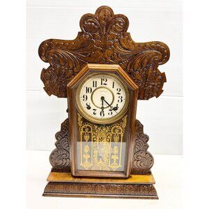 Ornate Oak Wood E. Ingraham Eight-Day Gingerbread Mantle Clock